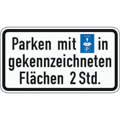  Zusatzzeichen Verkehrszeichen 1040-33 Parken mit Parkscheibe in gekennzeichneten Flächen 2 Stunden 330x600 mm, Alu 2 mm, RA3 12357629