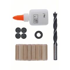  Profilholzdübel-Set mit Holzspiralbohrer, Holzleim, Dübelsetzern, Tiefenanschlag und Dübelzentrierstift Bosch 27-tlg. Holzdübel-Set, 10 mm, für Bohrmaschinen 12370681