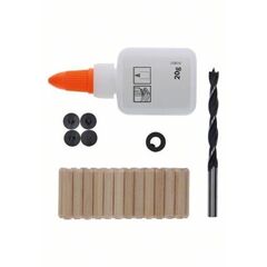  Profilholzdübel-Set mit Holzspiralbohrer, Holzleim, Dübelsetzern, Tiefenanschlag und Dübelzentrierstift Bosch 32-tlg. Holzdübel-Set, 6 mm, für Bohrmaschinen 12370679