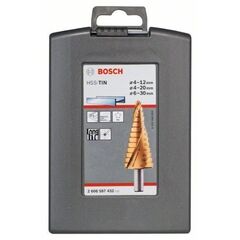  Bohrer-Sets HSS-TiN-Stufenbohrer-Sets mit 3-Flächen-Schaft Bosch 3-tlg. HSS-TiN-Stufenbohrerset, 4-12/4-20/6-30, für Bohrmaschinen 12372124