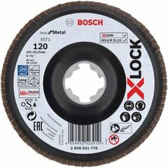  X571 Best for Metal X-LOCK Fächerschleifscheiben, abgewinkelte Ausführung Bosch X-LOCK Fächerschleifscheibe, gewinkelte Ausführung, Trägerteller aus Kunststoff, Ø125 mm, G 120, X571, Best for Metal, 1 Stück, für kleine Winkelschleifer 12375946
