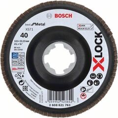  X571 Best for Metal X-LOCK Fächerschleifscheiben, abgewinkelte Ausführung Bosch X-LOCK Fächerschleifscheibe, geschränkte Ausführung, Trägerteller aus Kunststoff, Ø115 mm, G 60, X571, Best for Metal, 1 Stück, für kleine Winkelschleifer 12375939