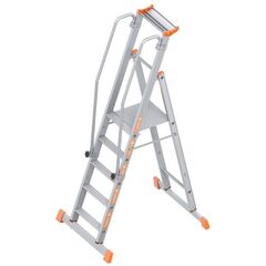  Leitern Plattformleiter TOPIC 5 Sprossen; Aluminiumleiter mit Plattform,Handläufen und breiten Stufen; einseitig begehbar; klappbar Länge 2.40 m 12405359