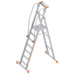  Leitern Layher Plattformleiter TOPIC 7 Sprossen; Aluminiumleiter mit Plattform,Handläufen und breiten Stufen; einseitig begehbar; klappbar Länge 2.80 m 12405452