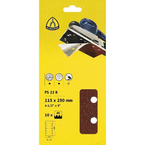  KLINGSPOR Schleifpapier PS 22 K, kletthaftend PS 22 K Streifen kletthaftend 115 x 230 mm Korn 60 Lochform G15 SB-verpackt im Reiter 10er Pack 12459545