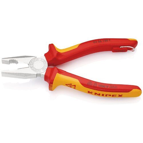  Kombizangen Kombizangen KNIPEX 03 06 180 T Kombizange isoliert mit Mehrkomponenten-Hüllen, VDE-geprüft; mit integrierter isolierter Befestigungsöse zum Anbringen einer Absturzsicherung verchromt 180 mm 12381020