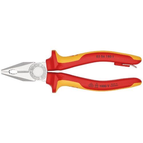  Kombizangen Kombizangen KNIPEX 03 06 180 T Kombizange isoliert mit Mehrkomponenten-Hüllen, VDE-geprüft; mit integrierter isolierter Befestigungsöse zum Anbringen einer Absturzsicherung verchromt 180 mm 12381020