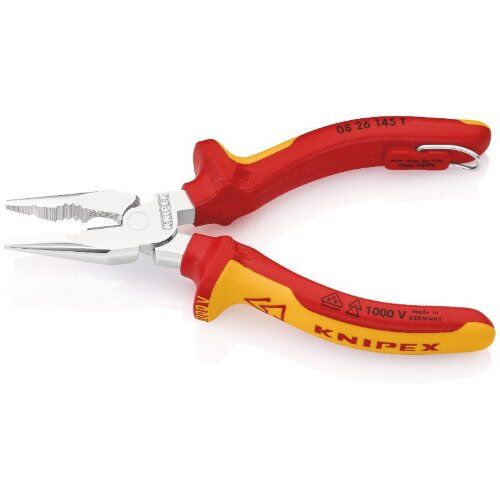  Spitz-Kombizangen KNIPEX 08 26 145 T Spitz-Kombizange isoliert mit Mehrkomponenten-Hüllen, VDE-geprüft; mit integrierter isolierter Befestigungsöse zum Anbringen einer Absturzsicherung verchromt 145 mm 12381055