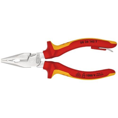  Spitz-Kombizangen KNIPEX 08 26 145 T Spitz-Kombizange isoliert mit Mehrkomponenten-Hüllen, VDE-geprüft; mit integrierter isolierter Befestigungsöse zum Anbringen einer Absturzsicherung verchromt 145 mm 12381055