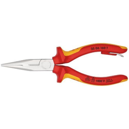  Flachrundzangen mit Schneide (Radiozangen) KNIPEX 25 06 160 T Flachrundzange mit Schneide (Radiozange) isoliert mit Mehrkomponenten-Hüllen, VDE-geprüft; mit integrierter isolierter Befestigungsöse zum Anbringen einer Absturzsicherung verchromt 160 mm 12380838