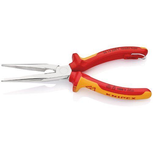  Flachrundzangen mit Schneide (Storchschnabelzangen) KNIPEX 26 16 200 T Flachrundzange mit Schneide (Storchschnabelzange) isoliert mit Mehrkomponenten-Hüllen, VDE-geprüft; mit integrierter isolierter Befestigungsöse zum Anbringen einer Absturzsicherung verchromt 200 mm 12380830