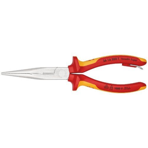  Flachrundzangen mit Schneide (Storchschnabelzangen) KNIPEX 26 16 200 T Flachrundzange mit Schneide (Storchschnabelzange) isoliert mit Mehrkomponenten-Hüllen, VDE-geprüft; mit integrierter isolierter Befestigungsöse zum Anbringen einer Absturzsicherung verchromt 200 mm 12380830