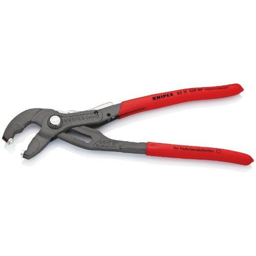  Federbandschellenzangen KNIPEX 85 51 250 AF Federbandschellenzange mit Feststeller mit rutschhemmendem Kunststoff überzogen grau atramentiert 250 mm 12381274