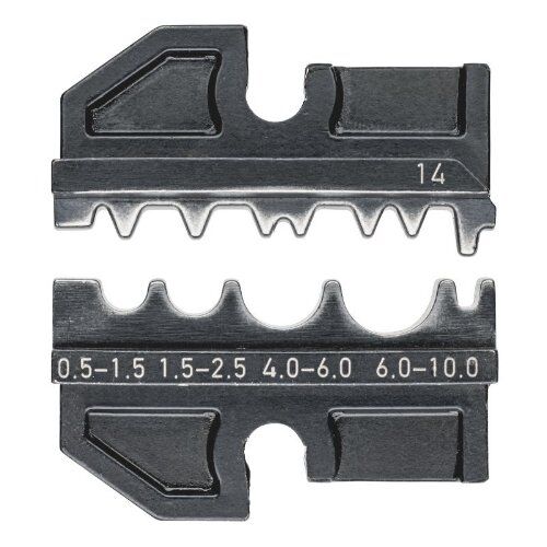  Crimpeinsätze für KNIPEX Crimp-Systemzangen Artikel-Nr.: 97 43 xx KNIPEX 97 49 14 Crimpeinsatz für unisolierte Quetsch-, Rohr- und Presskabelschuhe nach DIN 46234 und DIN 46235 sowie unisolierte Quetsch-, Stoß- und Pressverbinder nach DIN 46341 und DIN 46267 12380699