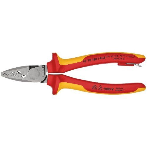  Crimpzangen Crimpzangen für Aderendhülsen mit Dorn-Crimp KNIPEX 97 78 180 T Crimpzange für Aderendhülsen isoliert mit Mehrkomponenten-Hüllen, VDE-geprüft; mit integrierter isolierter Befestigungsöse zum Anbringen einer Absturzsicherung 180 mm 12380633