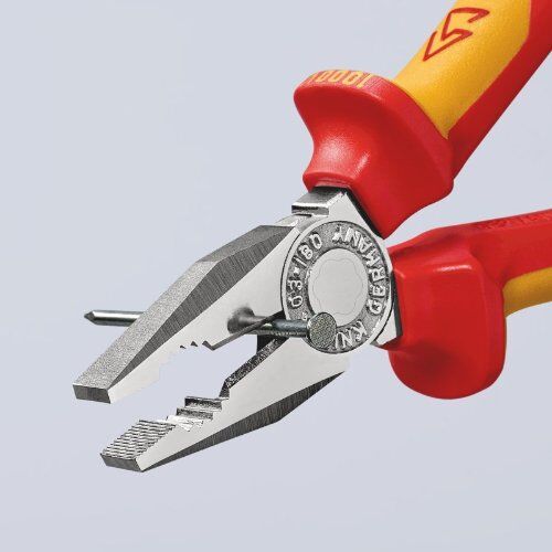  Kombizangen Kombizangen KNIPEX 03 06 180 T Kombizange isoliert mit Mehrkomponenten-Hüllen, VDE-geprüft; mit integrierter isolierter Befestigungsöse zum Anbringen einer Absturzsicherung verchromt 180 mm 12381020