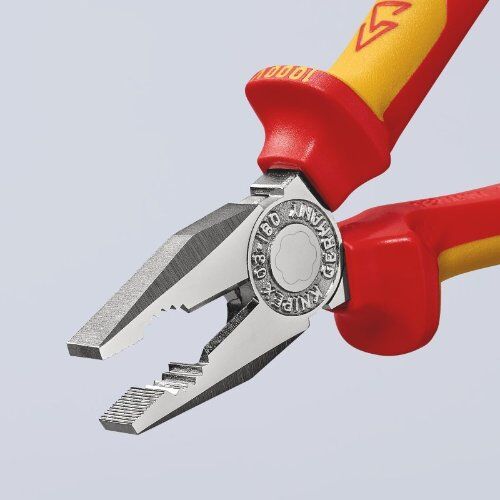  Kombizangen Kombizangen KNIPEX 03 06 180 T Kombizange isoliert mit Mehrkomponenten-Hüllen, VDE-geprüft; mit integrierter isolierter Befestigungsöse zum Anbringen einer Absturzsicherung verchromt 180 mm 12381020
