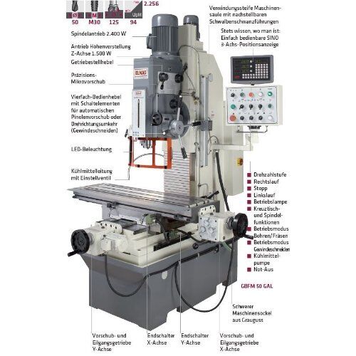  Universal-Bettfräsmaschinen ELMAG Getriebe Bohr- u. Fräsmaschine Mod.GBFM 50 GAL inkl. 3-Achs-Positionsanzeige SINO' 12417443