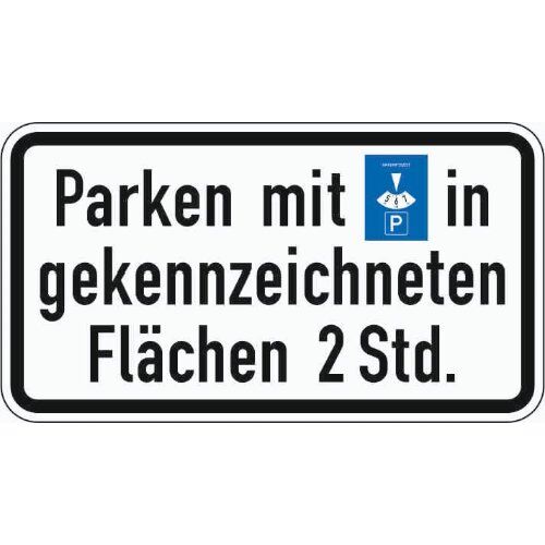  Zusatzzeichen Verkehrszeichen 1040-33 Parken mit Parkscheibe in gekennzeichneten Flächen 2 Stunden 330x600 mm, Alu 2 mm, RA3 12357629