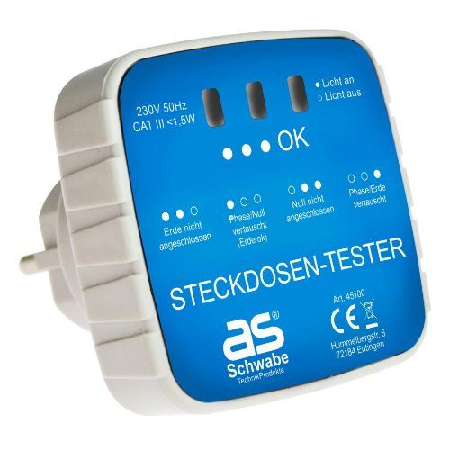  Prüfstecker für Steckdosen as-Schwabe Prüfstecker für Steckdosen, Phase/Null-Leiter/Erde Anschluss-Prüfstecker für Schuko-Steckdosen 12362575