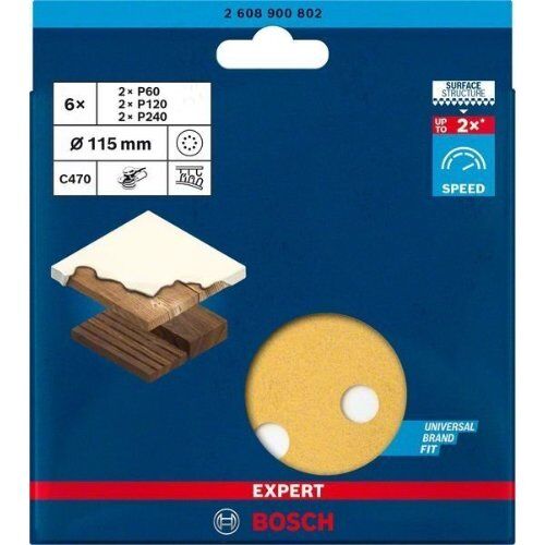  EXPERT C470 Schleifblatt-Sets mit 8 Löchern für Exzenterschleifer Bosch EXPERT C470 Schleifpapier-Set für Exzenterschleifer, 115 mm, 8 Löcher, G 60/120/240, 6-tlg., für Exzenterschleifer 12376385