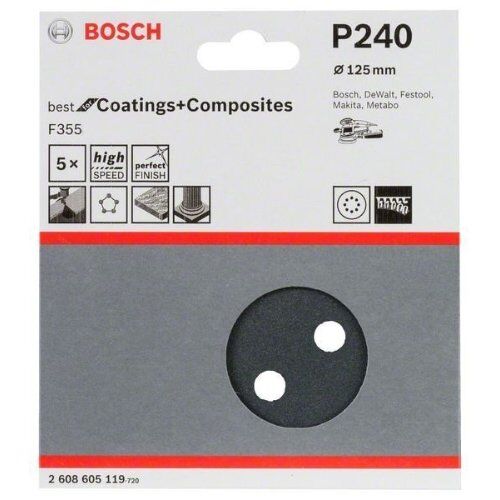  F355 Best for Coatings and Composites Schleifpapier für Exzenterschleifer Bosch Schleifblatt F355, 5er-Pack, für Exzenterschleifer 12376544