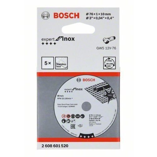  Expert for Inox Trennscheiben mit gerader Ausführung, 10-mm-Bohrung für Mini-Winkelschleifer Bosch Expert for Inox 5-tlg. x 76 x 1 x 10-mm-Trennscheibe, für Mini-Winkelschleifer 12377267