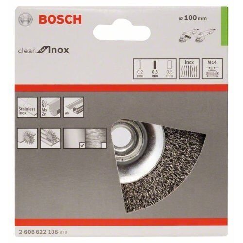  Clean for Inox Gewellte Pinselbürste für Winkelschleifer Bosch Kegelbürste, 100 mm, gewellter Draht, Edelstahl, für kleine Winkelschleifer 12377432