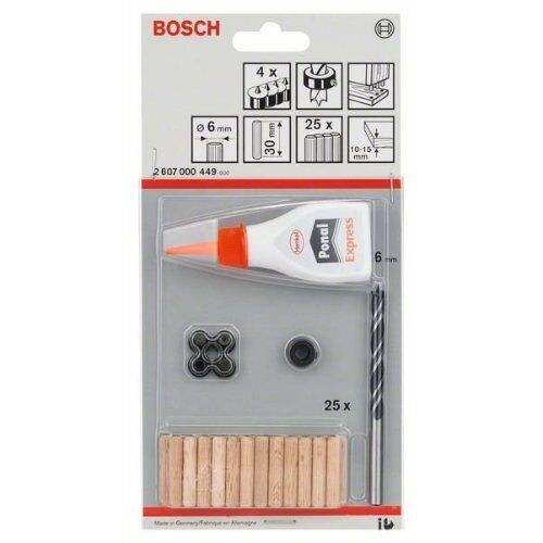  Profilholzdübel-Set mit Holzspiralbohrer, Holzleim, Dübelsetzern, Tiefenanschlag und Dübelzentrierstift Bosch 32-tlg. Holzdübel-Set, 6 mm, für Bohrmaschinen 12370679