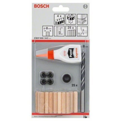  Profilholzdübel-Set mit Holzspiralbohrer, Holzleim, Dübelsetzern, Tiefenanschlag und Dübelzentrierstift Bosch 32-tlg. Holzdübel-Set, 8 mm, für Bohrmaschinen 12370680