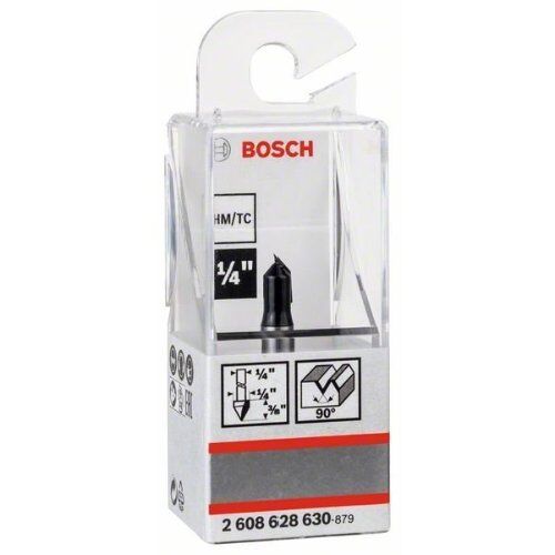  V-Nutfräser Standard for Wood mit zwei Spiralnuten Bosch V-Nutfräser, 1/4", D1 6,3 mm, L 9,2 mm, G 45 mm, 90°, für Handfräsen 12372558