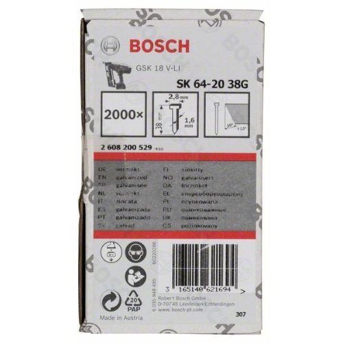 Senkkopf-Stifte 20° 1,6/16 g – verzinkte Ausführung Bosch Senkkopf-Stift SK64 20G, für Nagelpistolen 12375151