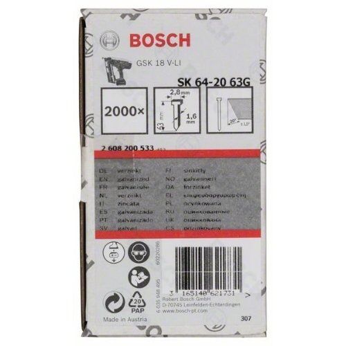  Senkkopf-Stifte 20° 1,6/16 g – verzinkte Ausführung Bosch Senkkopf-Stift SK64 20G, für Nagelpistolen 12375150