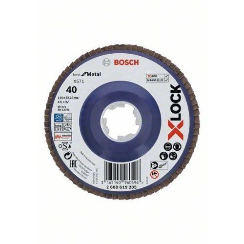  X571 Best for Metal X-LOCK Fächerschleifscheiben, gerade Ausführung Bosch X-LOCK Fächerschleifscheibe, gerade Ausführung, Kunststofftragplatte, Ø115 mm, K 40, X571, Best for Metal, 1 Stück, für kleine Winkelschleifer 12375933
