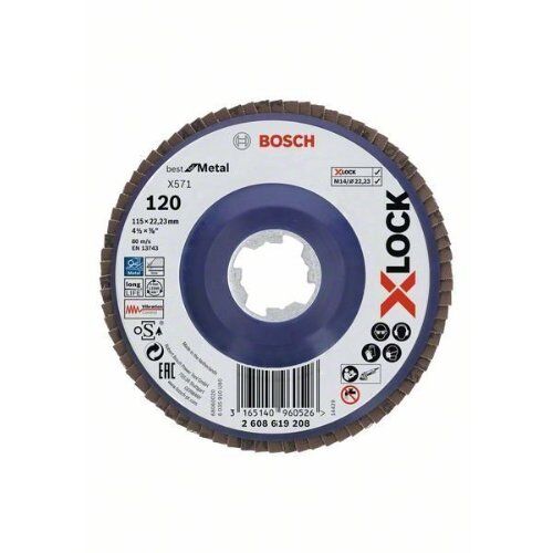  X571 Best for Metal X-LOCK Fächerschleifscheiben, gerade Ausführung Bosch X-LOCK Fächerschleifscheibe, gerade Ausführung, Kunststofftragplatte, Ø115 mm, K 120, X571, Best for Metal, 1 Stück, für kleine Winkelschleifer 12375930