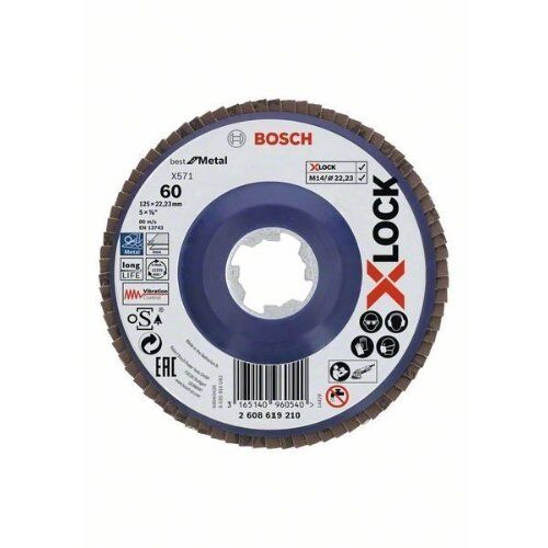  X571 Best for Metal X-LOCK Fächerschleifscheiben, gerade Ausführung Bosch X-LOCK Fächerschleifscheibe, gerade Ausführung, Kunststofftragplatte, Ø125 mm, K 60, X571, Best for Metal, 1 Stück, für kleine Winkelschleifer 12375931