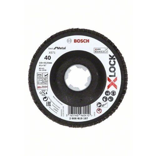  X571 Best for Metal X-LOCK Fächerschleifscheiben, abgewinkelte Ausführung Bosch X-LOCK Fächerschleifscheibe, abgewinkelte Ausführung, Fibertragplatte, Ø115 mm, K 40, X571, Best for Metal, 1 Stück, für kleine Winkelschleifer 12375953