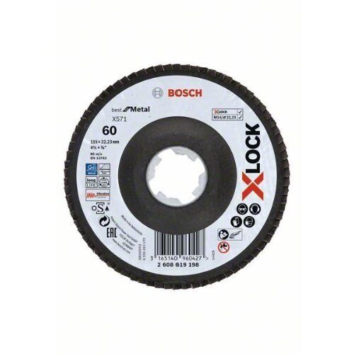  X571 Best for Metal X-LOCK Fächerschleifscheiben, abgewinkelte Ausführung Bosch X-LOCK Fächerschleifscheibe, abgewinkelte Ausführung, Fibertragplatte, Ø115 mm, K 60, X571, Best for Metal, 1 Stück, für kleine Winkelschleifer 12375948