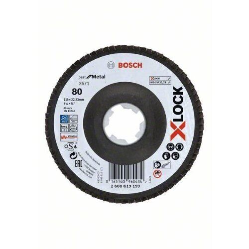  X571 Best for Metal X-LOCK Fächerschleifscheiben, abgewinkelte Ausführung Bosch X-LOCK Fächerschleifscheibe, abgewinkelte Ausführung, Fibertragplatte, Ø115 mm, K 80, X571, Best for Metal, 1 Stück, für kleine Winkelschleifer 12375950