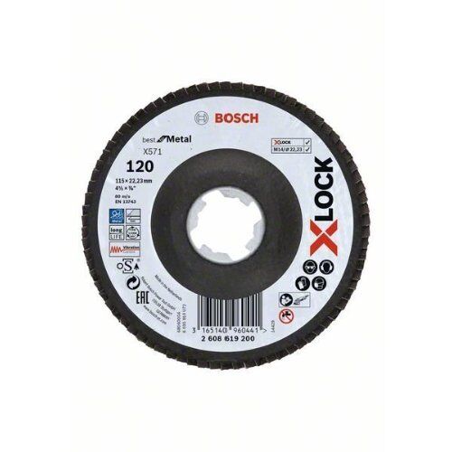  X571 Best for Metal X-LOCK Fächerschleifscheiben, abgewinkelte Ausführung Bosch X-LOCK Fächerschleifscheibe, abgewinkelte Ausführung, Fibertragplatte, Ø115 mm, K 120, X571, Best for Metal, 1 Stück, für kleine Winkelschleifer 12375952