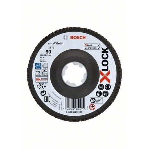 X571 Best for Metal X-LOCK Fächerschleifscheiben, abgewinkelte Ausführung Bosch X-LOCK Fächerschleifscheibe, abgewinkelte Ausführung, Fibertragplatte, Ø125 mm, K 60, X571, Best for Metal, 1 Stück, für kleine Winkelschleifer 12375945