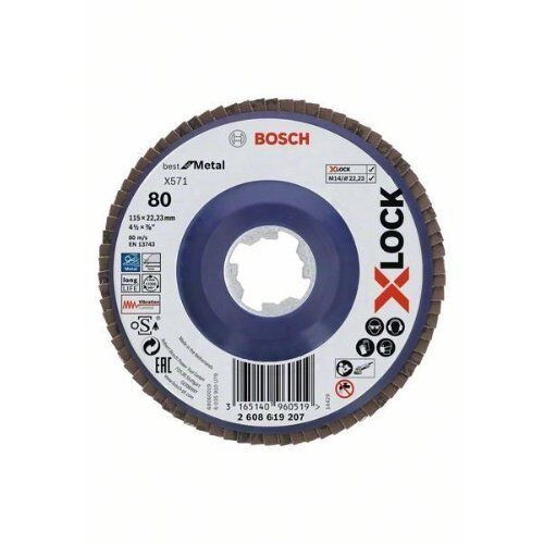  X571 Best for Metal X-LOCK Fächerschleifscheiben, gerade Ausführung Bosch X-LOCK Fächerschleifscheibe, gerade Ausführung, Kunststofftragplatte, Ø115 mm, K 80, X571, Best for Metal, 1 Stück, für kleine Winkelschleifer 12375937