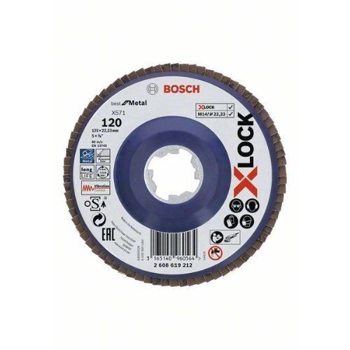  X571 Best for Metal X-LOCK Fächerschleifscheiben, gerade Ausführung Bosch X-LOCK Fächerschleifscheibe, gerade Ausführung, Kunststofftragplatte, Ø125 mm, K 120, X571, Best for Metal, 1 Stück, für kleine Winkelschleifer 12375936