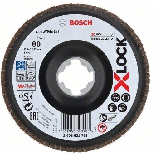  X571 Best for Metal X-LOCK Fächerschleifscheiben, abgewinkelte Ausführung Bosch X-LOCK Fächerschleifscheibe, gewinkelte Ausführung, Trägerteller aus Kunststoff, Ø125 mm, G 80, X571, Best for Metal, 1 Stück, für kleine Winkelschleifer 12375951