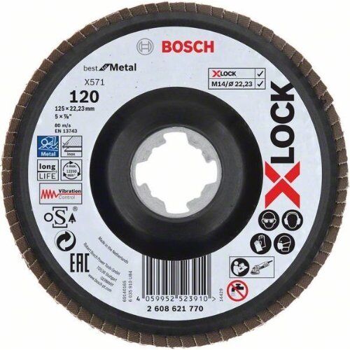  X571 Best for Metal X-LOCK Fächerschleifscheiben, abgewinkelte Ausführung Bosch X-LOCK Fächerschleifscheibe, gewinkelte Ausführung, Trägerteller aus Kunststoff, Ø125 mm, G 120, X571, Best for Metal, 1 Stück, für kleine Winkelschleifer 12375946