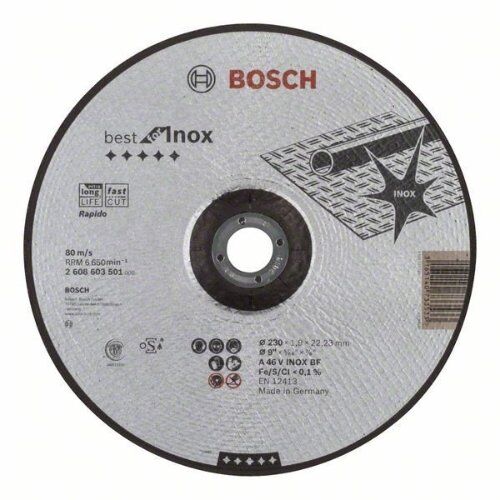  Best for Inox Rapido Gekröpfte Trennscheiben, 22,23-mm-Bohrung für große Winkelschleifer Bosch Trennscheibe gekröpft Best for Inox - Rapido, für große Winkelschleifer mit Spannmutter 12377265