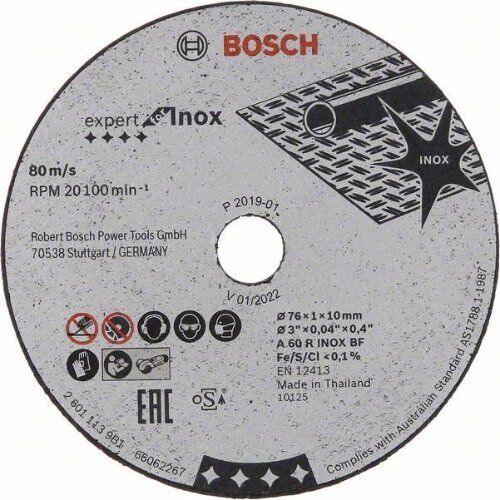  Expert for Inox Trennscheiben mit gerader Ausführung, 10-mm-Bohrung für Mini-Winkelschleifer Bosch Expert for Inox 5-tlg. x 76 x 1 x 10-mm-Trennscheibe, für Mini-Winkelschleifer 12377267