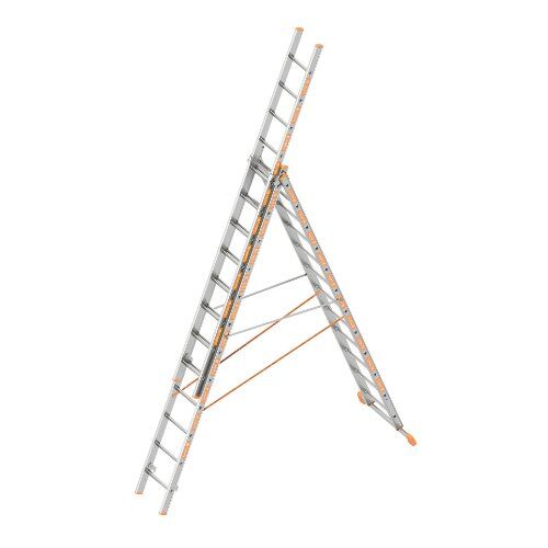  Layher Steigtechnik Leitern Allzweckleiter TOPIC 12 Sprossen, Aluminiumleiter 3-teilig 3x12 Sprossen, ausziehbar, beidseitig begehbar, klappbar, Länge 8.35 m 12405480