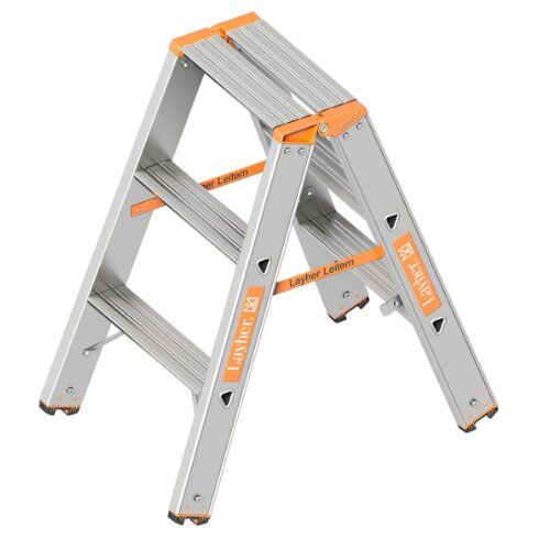  Leitern Layher Stufenstehleiter TOPIC 3 Stufen; Aluminiumleiter 2x3 Stufen 80 mm breit, beidseitig begehbar, klappbar, Länge 0.75 m 12405350