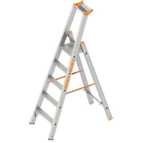  Layher Steigtechnik Leitern Layher Stufenstehleiter einseitig begehbar TOPIC mit 5 breiten Stufen; Aluminiumleiter klappbar mit Podest, Länge 1.95 m 12405469
